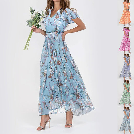 Flowers Print Short Sleeve Dress Summer