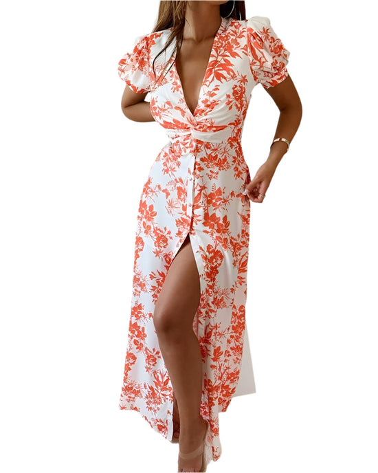 Red Cotton Long Skirt Wrapped Chest Style Commuter Mid-waist Pullover V-Neck Style Dress