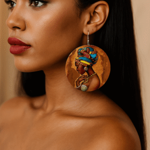 Image 1: Boucles d'oreilles africaines motif tête bijoux ethniques femme style afro Image 2: Gros plan design tribal boucles d'oreilles africaines motif tête femme Image 3: Femme portant boucles d'oreilles africaines ethniques style afro élégant Image 4: Détail motif tête africain boucles d'oreilles bijoux ethniques femme Image 5: Boucles d'oreilles africaines style afro design tribal authentique Image 6: Paire boucles d'oreilles africaines motif tête bijoux ethniques tendance