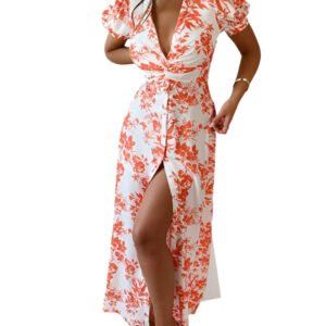 Red Cotton Long Skirt Wrapped Chest Style Commuter Mid-waist Pullover V-Neck Style Dress